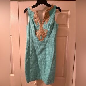 Lilly Pulitzer Turquoise Shift Dress with Gold Detailing Size 4